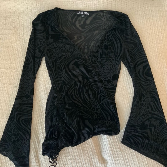 I.AM.GIA Amina Black Sheer Animal Print Lace Up Mini Dress Flare Sleeve Small - Picture 3 of 10